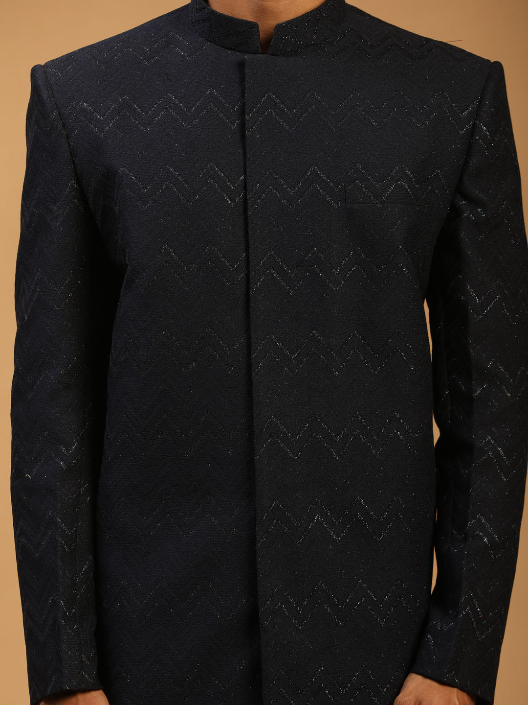 Men's Navy Blue Silk Blend Regular Sherwani Only Top