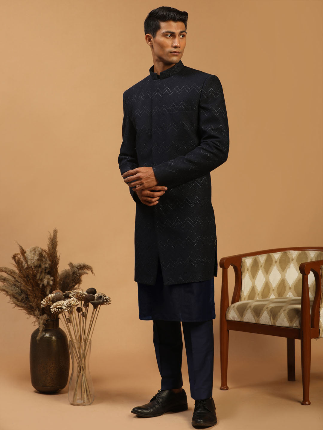 Men's Navy Blue Viscose Regular Sherwani Set
