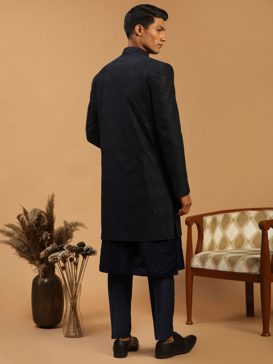 Men's Navy Blue Viscose Regular Sherwani Set