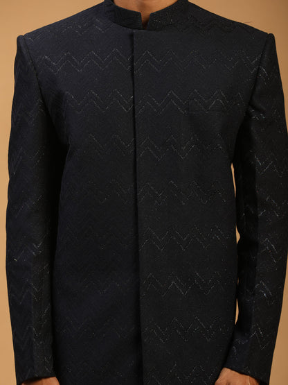 Men's Navy Blue Viscose Regular Sherwani Set