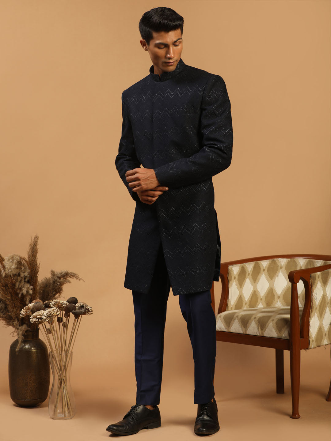 Men's Navy Blue Silk Blend Regular Sherwani Set