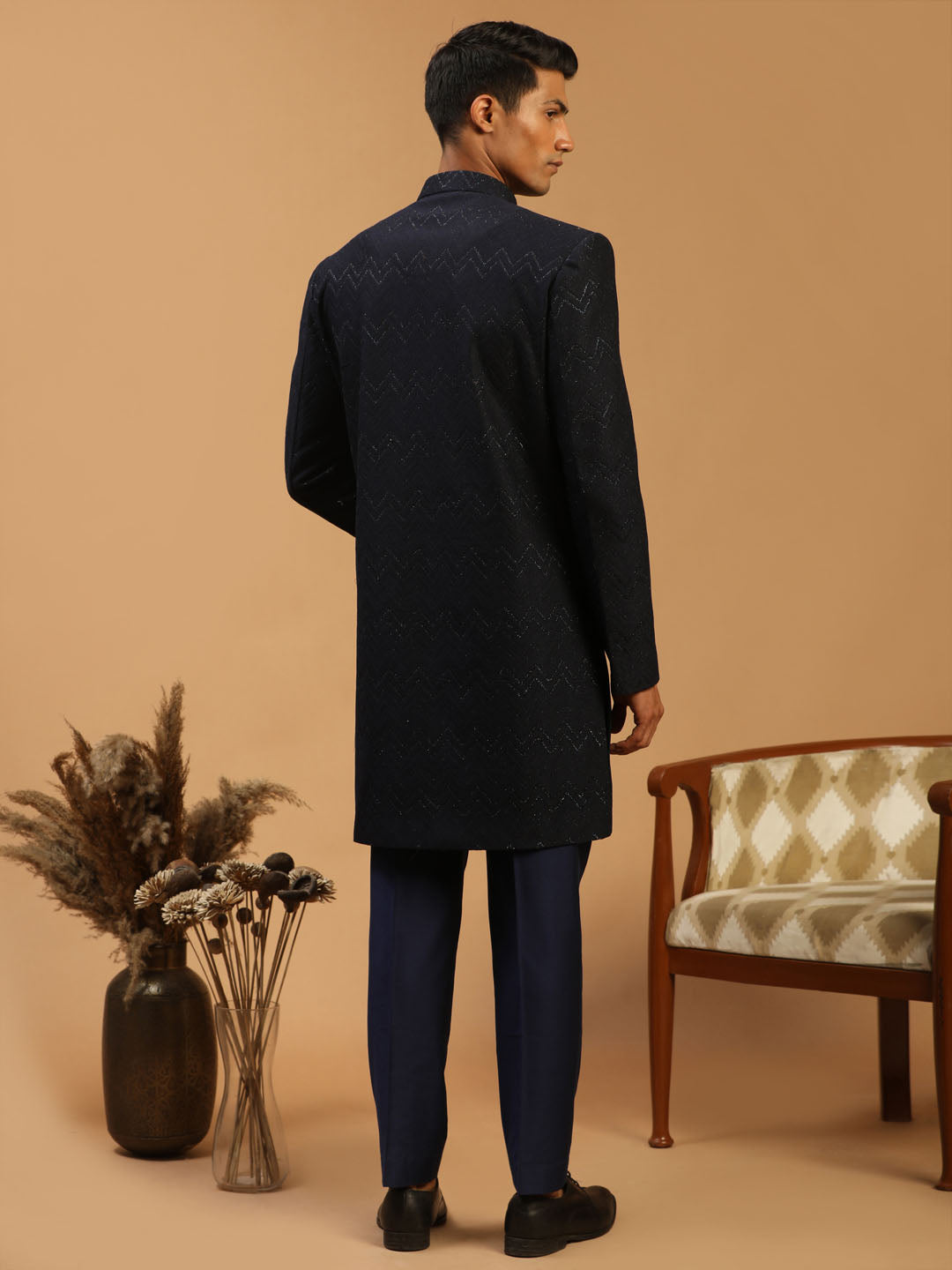 Men's Navy Blue Silk Blend Regular Sherwani Set