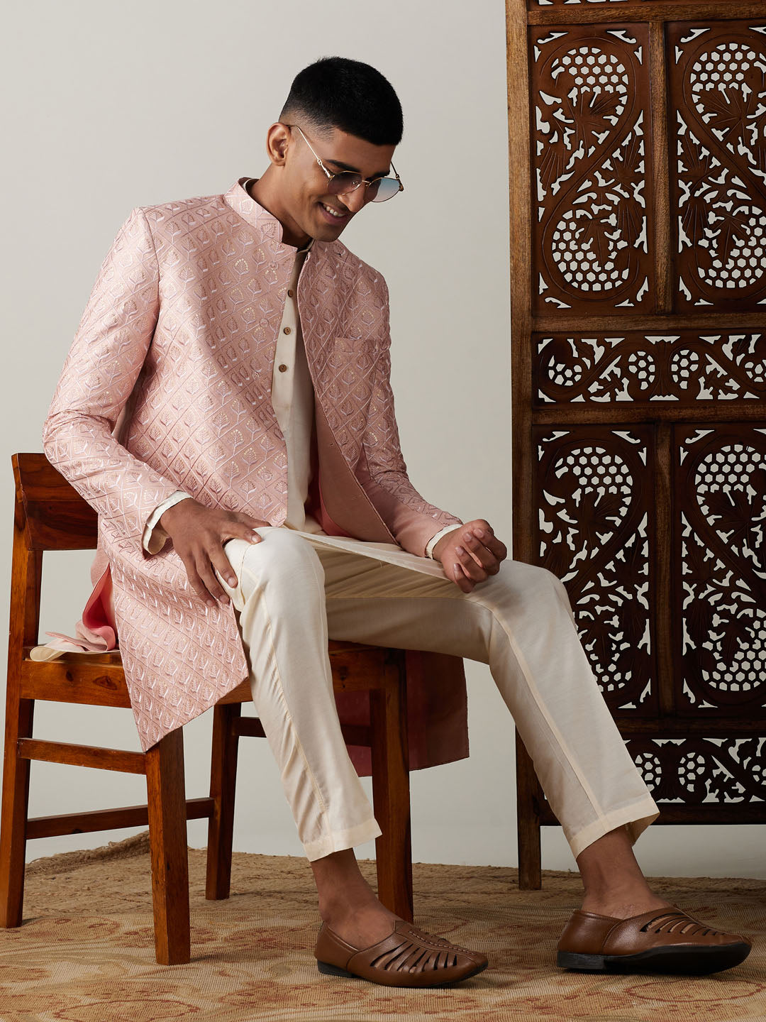Men's Cream Viscose Straight Sherwani Set