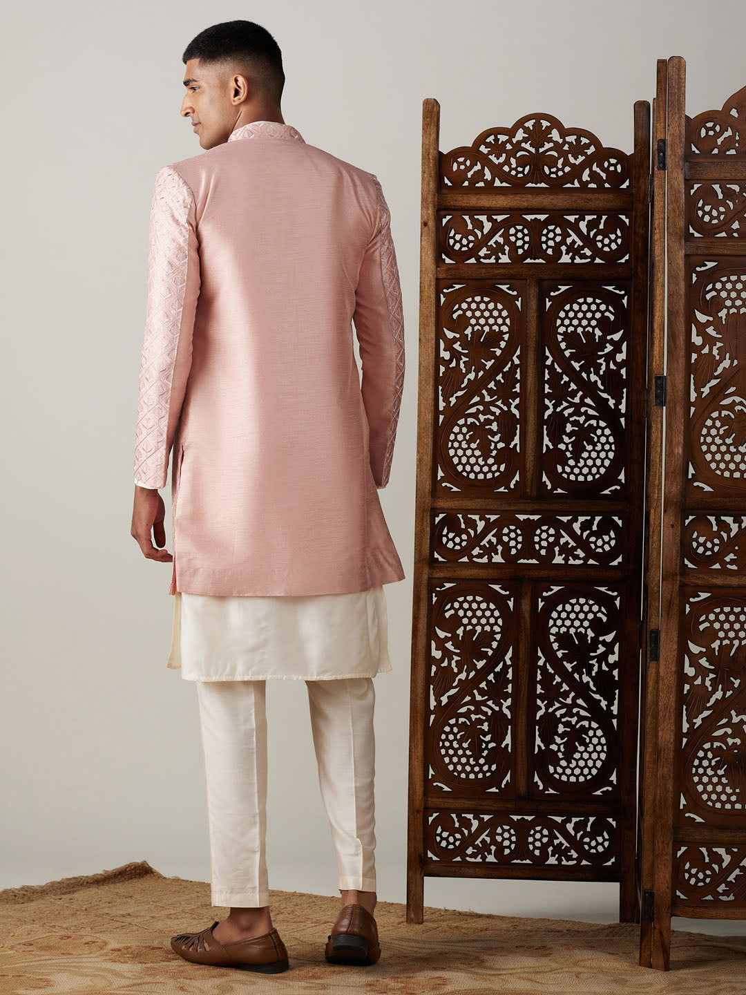 Men's Cream Viscose Straight Sherwani Set