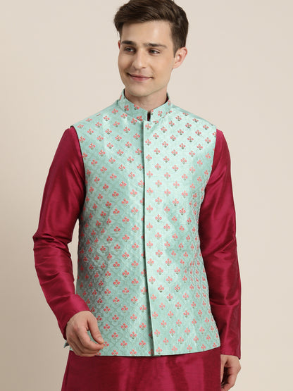 Men's Mint Green Silk Blend Straight Nehru Jacket