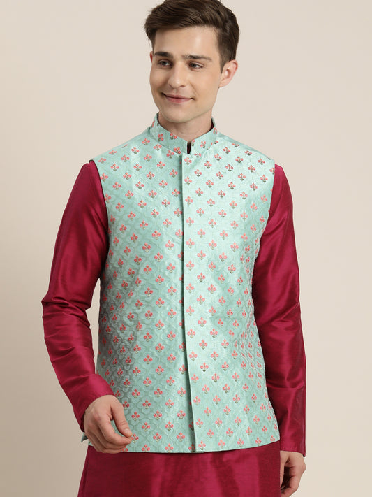 Men's Mint Green Silk Blend Straight Nehru Jacket