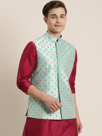 Men's Mint Green Silk Blend Straight Nehru Jacket