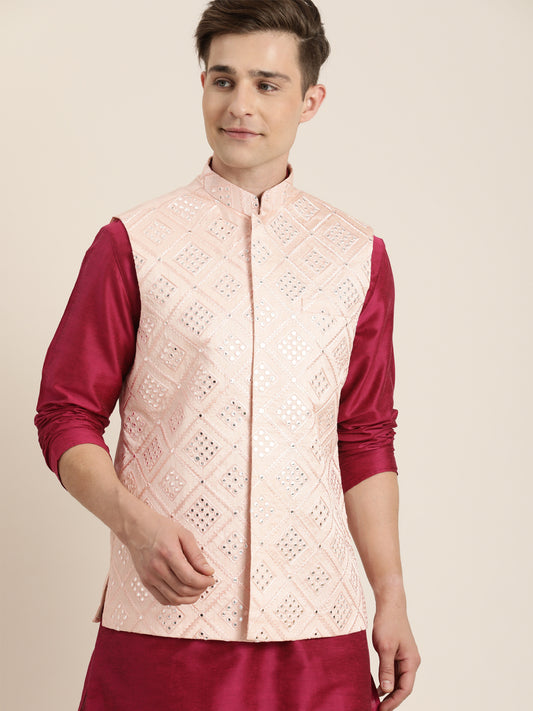 Men's Pink Silk Blend Straight Nehru Jacket