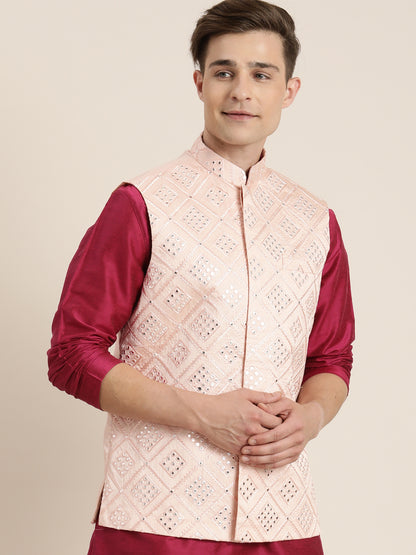 Men's Pink Silk Blend Straight Nehru Jacket