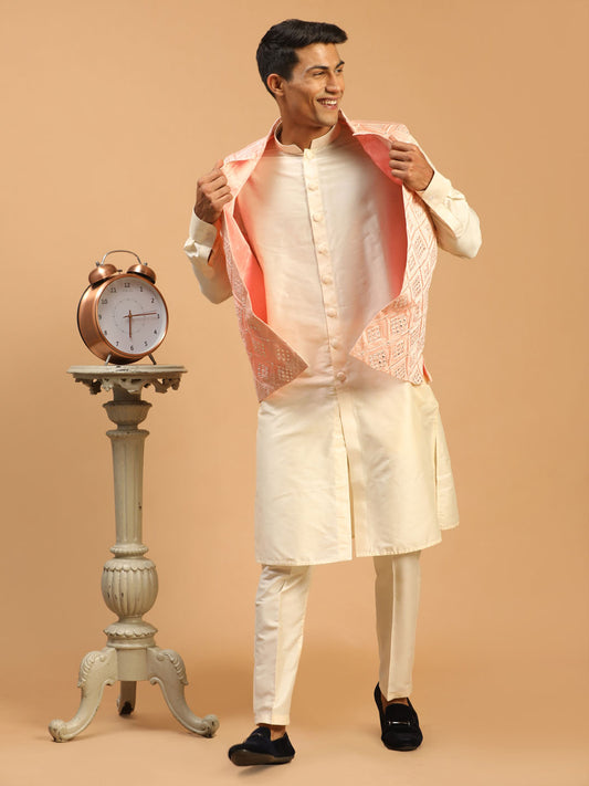 Men's Cream Viscose Straight Jacket  Kurta and Pyjama Set
