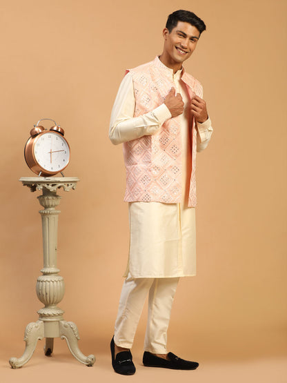 Men's Cream Viscose Straight Jacket  Kurta and Pyjama Set
