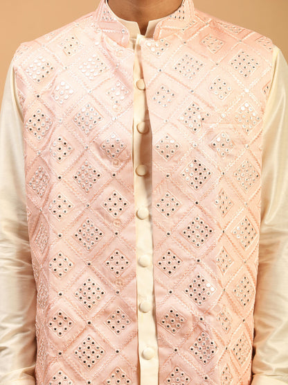 Men's Cream Viscose Straight Jacket  Kurta and Pyjama Set