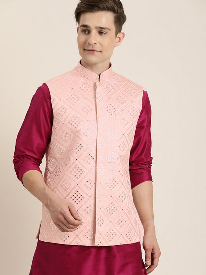 Men's Pink Viscose Blend Straight Jacket  Kurta and Pyjama Set