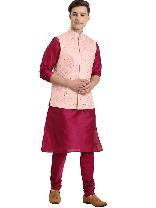 Men's Pink Viscose Blend Straight Jacket  Kurta and Pyjama Set