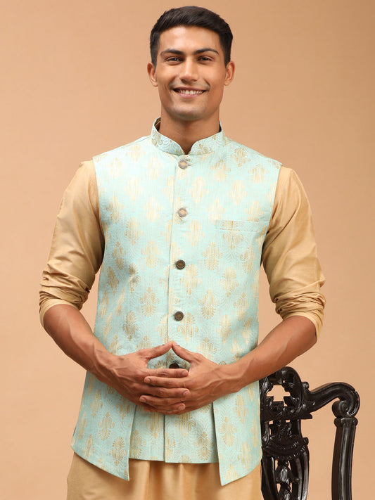 Men's Green Silk Blend Straight Nehru Jacket