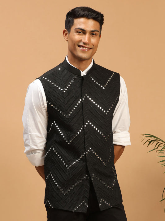 Men's Black Viscose Straight Nehru Jacket