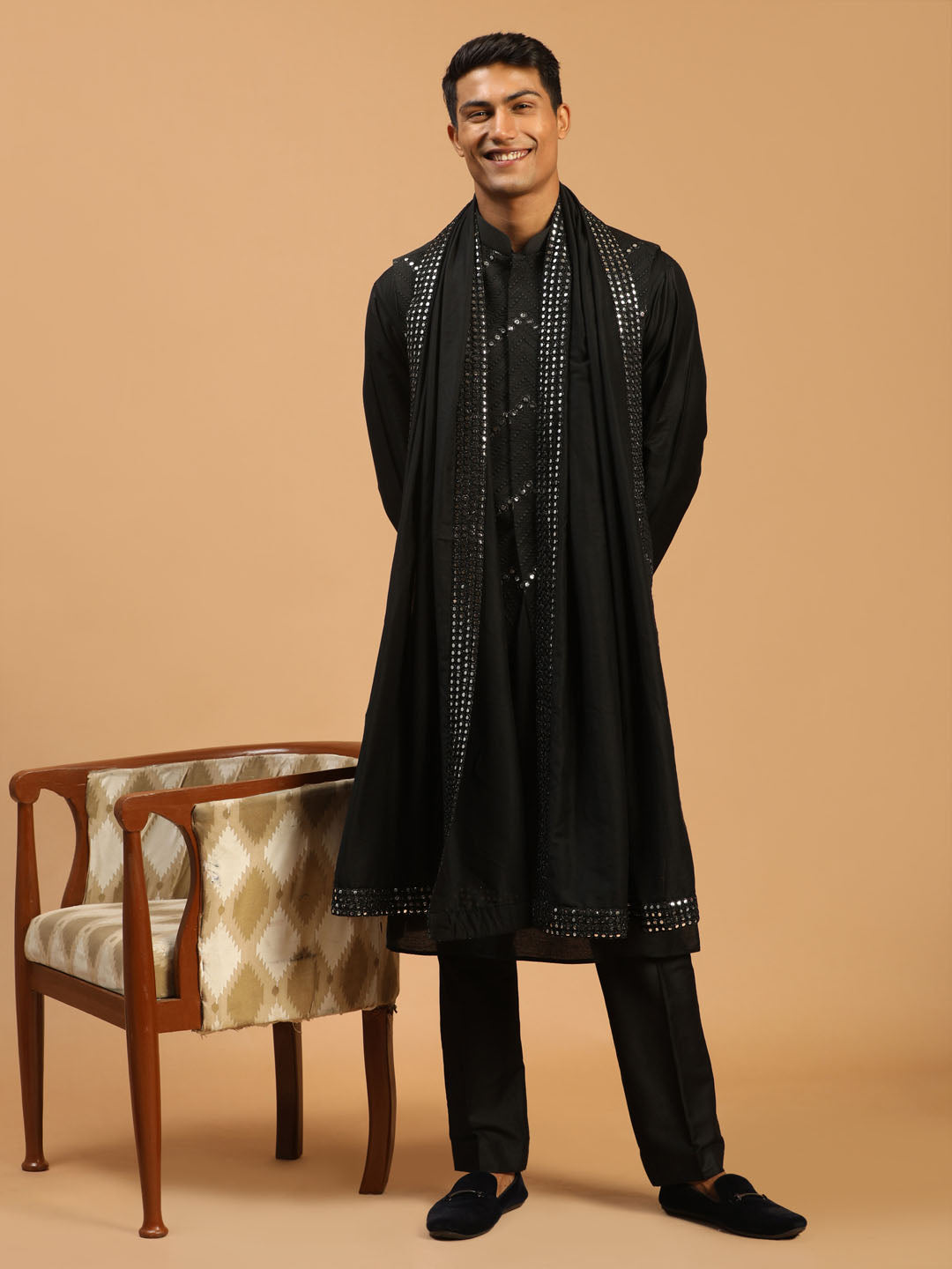 Men's Black Viscose Straight Jacket  Kurta and Pyjama Set