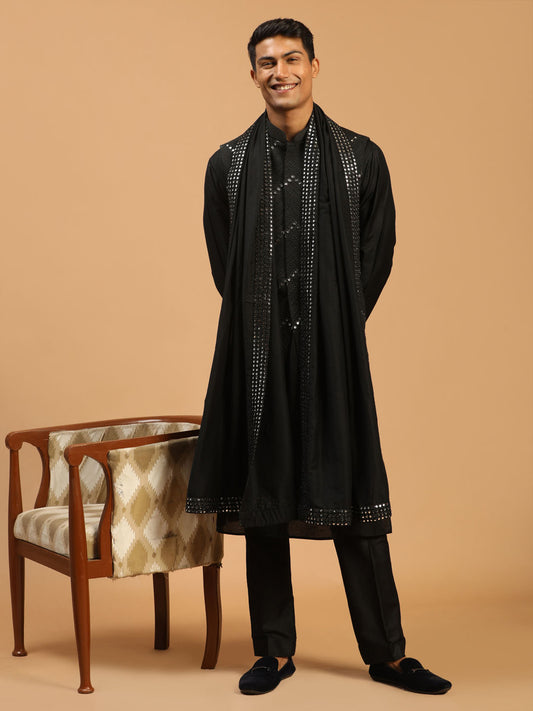 Men's Black Viscose Straight Jacket  Kurta and Pyjama Set