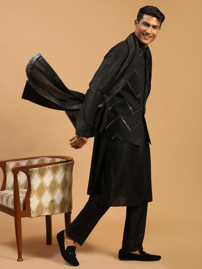 Men's Black Viscose Straight Jacket  Kurta and Pyjama Set