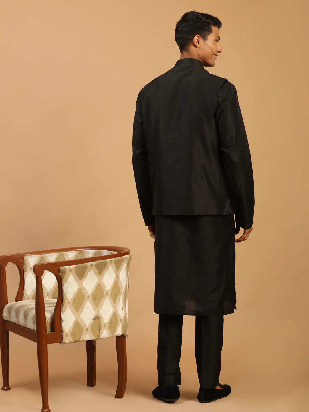 Men's Black Viscose Straight Jacket  Kurta and Pyjama Set
