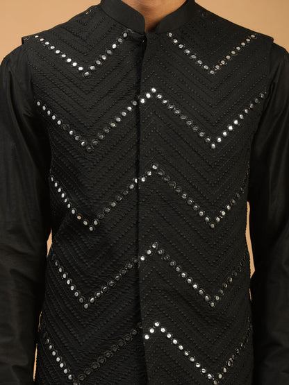 Men's Black Viscose Straight Jacket  Kurta and Pyjama Set