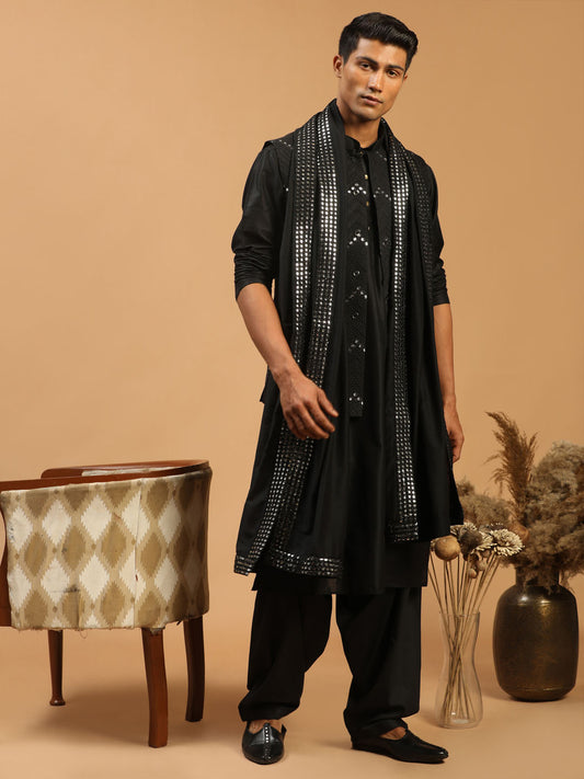 Men's Black Viscose Straight Jacket  Kurta and Pyjama Set