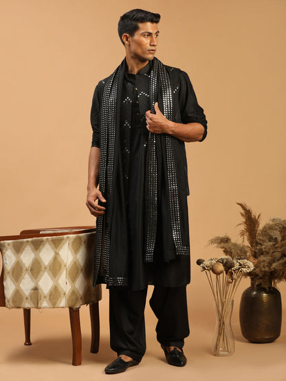 Men's Black Viscose Straight Jacket  Kurta and Pyjama Set