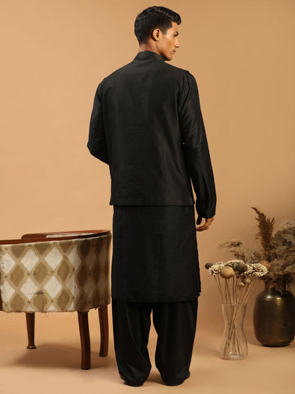 Men's Black Viscose Straight Jacket  Kurta and Pyjama Set