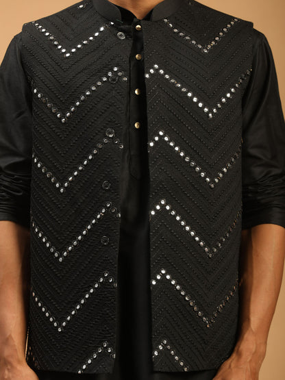 Men's Black Viscose Straight Jacket  Kurta and Pyjama Set