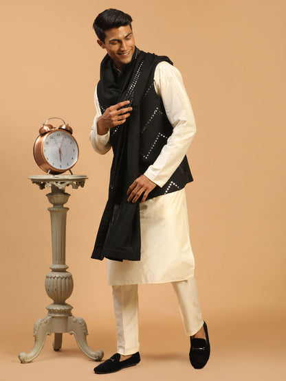 Men's Cream Viscose Straight Jacket  Kurta and Pyjama Set