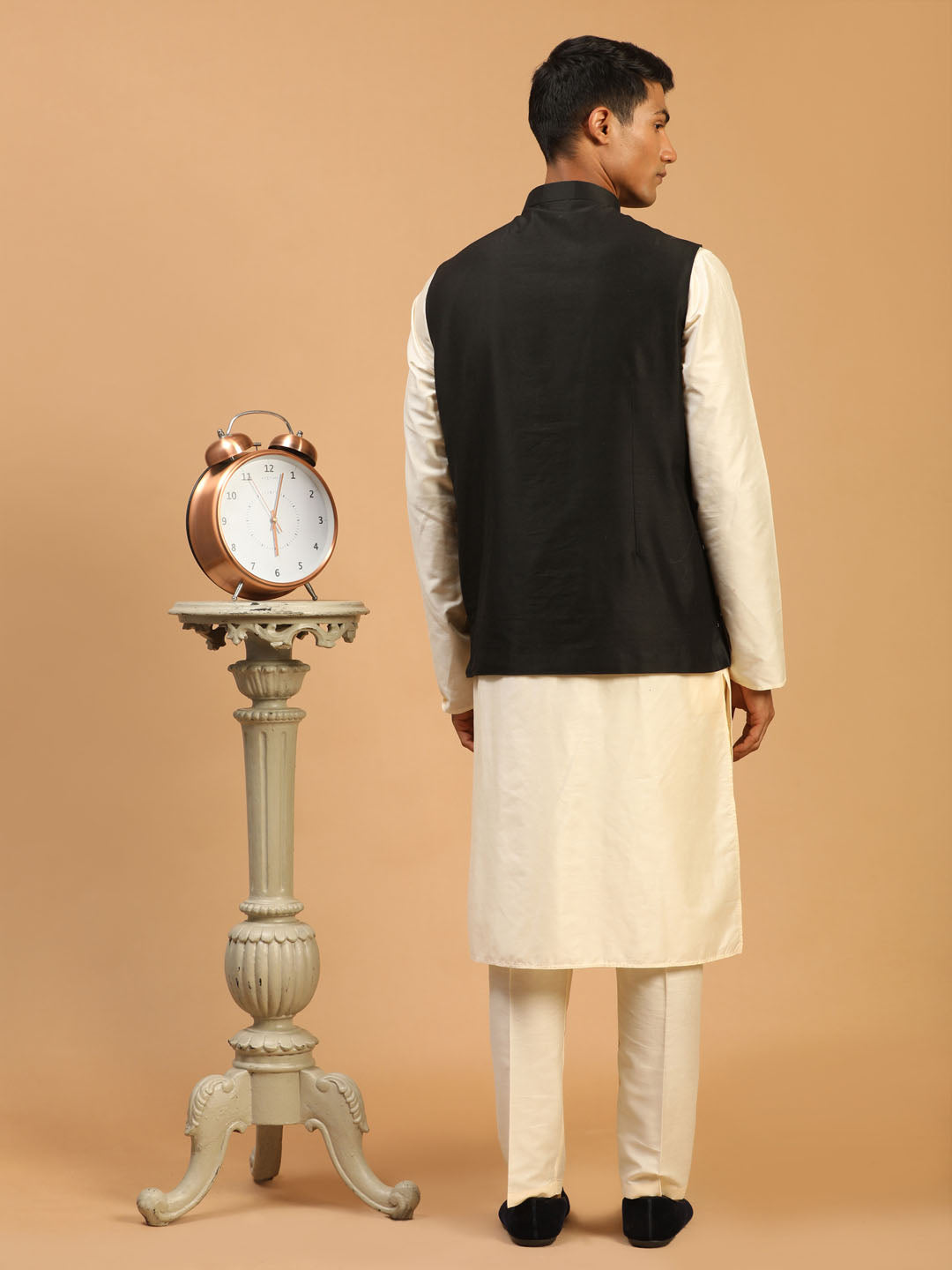 Men's Cream Viscose Straight Jacket  Kurta and Pyjama Set