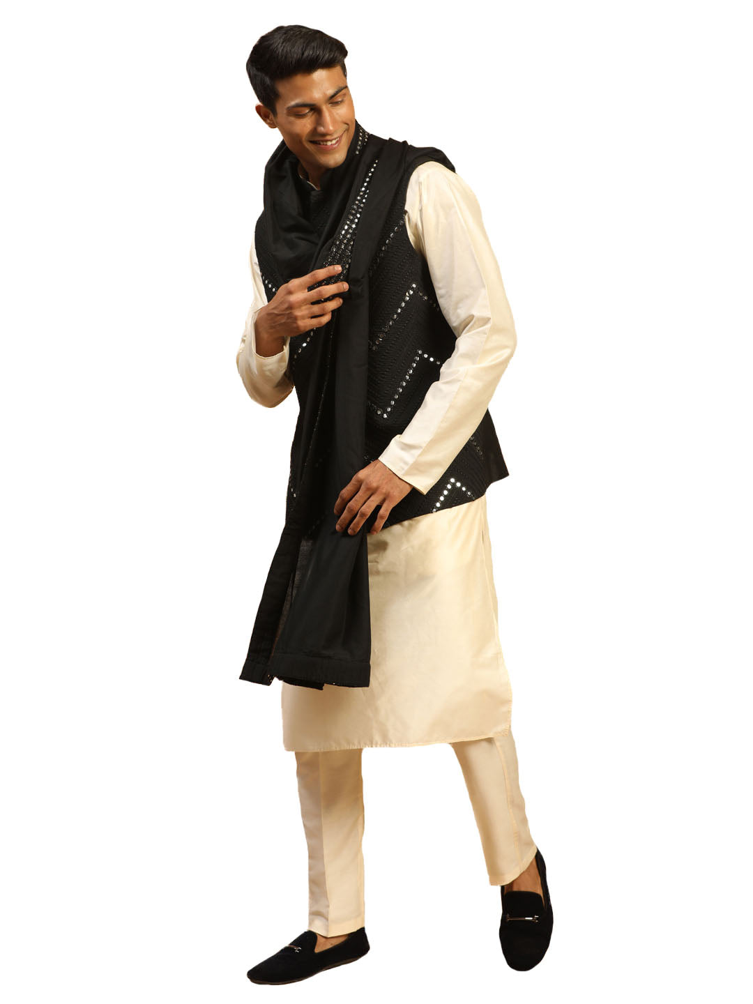 Men's Cream Viscose Straight Jacket  Kurta and Pyjama Set