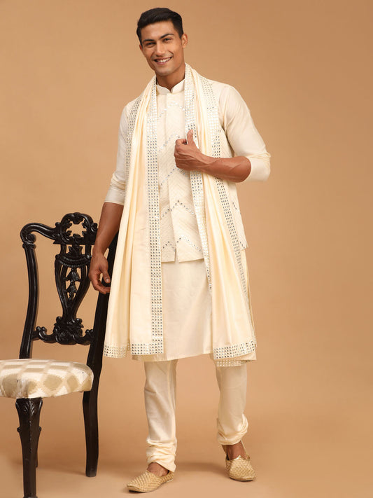 Men's Cream Viscose Straight Jacket  Kurta and Pyjama Set