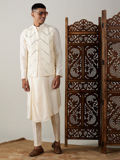 Men's Cream Viscose Straight Jacket  Kurta and Pyjama Set