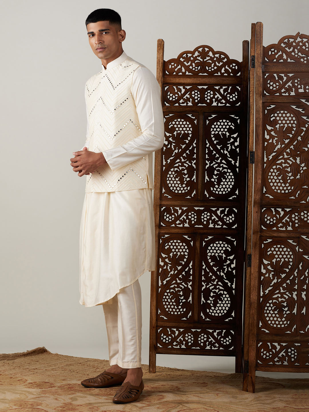 Men's Cream Viscose Straight Jacket  Kurta and Pyjama Set