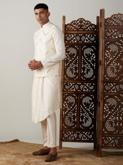 Men's Cream Viscose Straight Jacket  Kurta and Pyjama Set