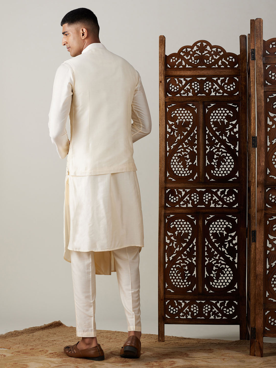 Men's Cream Viscose Straight Jacket  Kurta and Pyjama Set