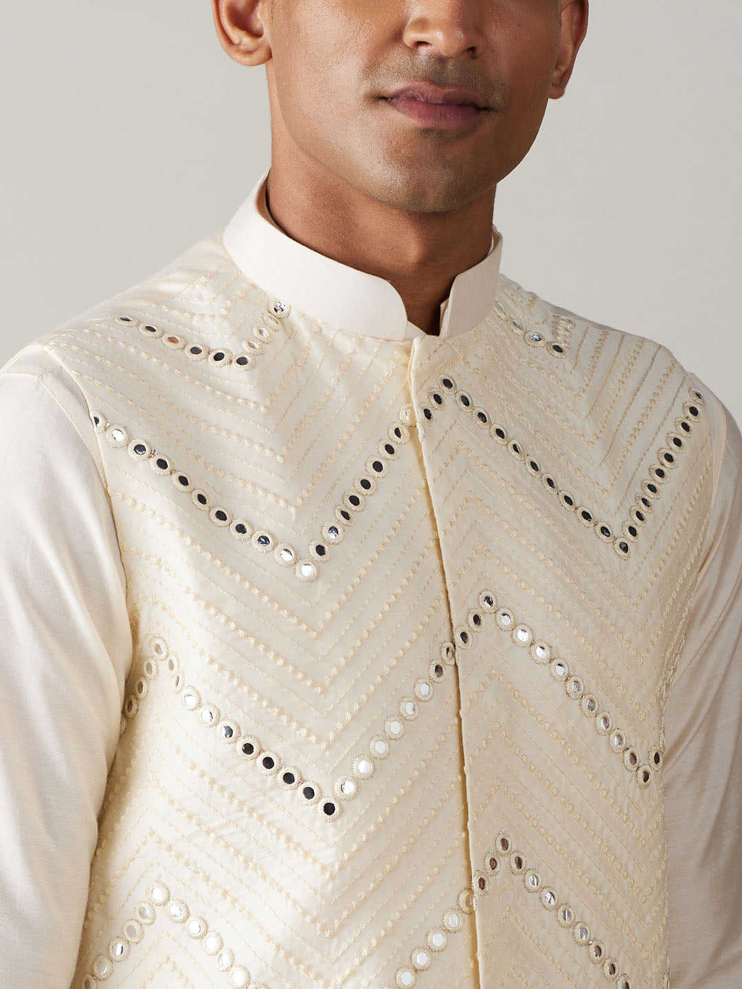 Men's Cream Viscose Straight Jacket  Kurta and Pyjama Set