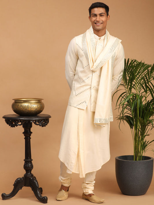 Men's Cream Viscose Straight Jacket  Kurta and Pyjama Set