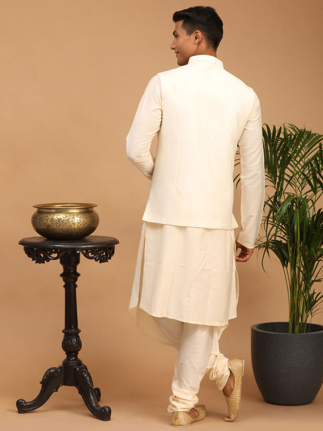 Men's Cream Viscose Straight Jacket  Kurta and Pyjama Set