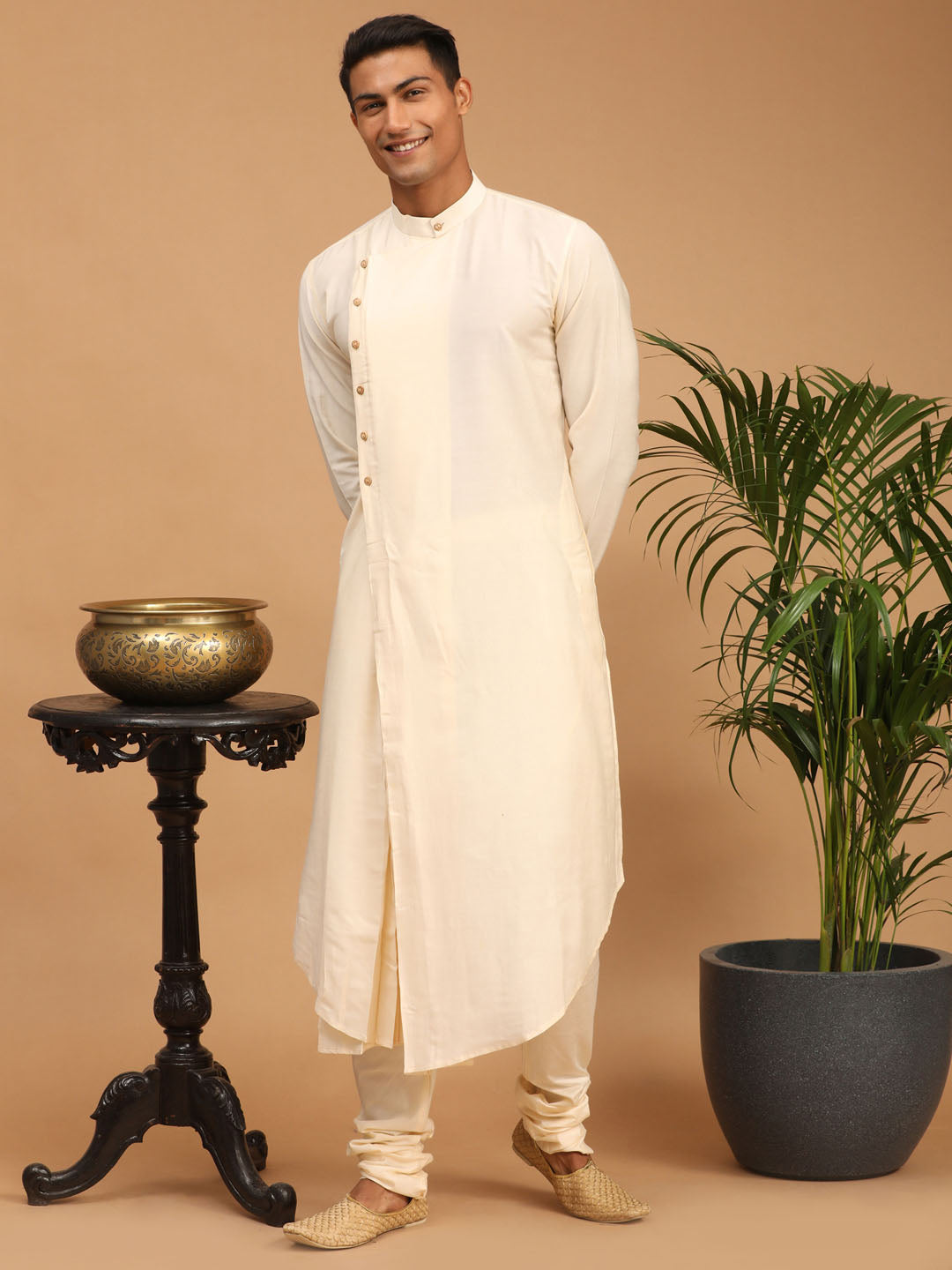 Men's Cream Viscose Straight Jacket  Kurta and Pyjama Set