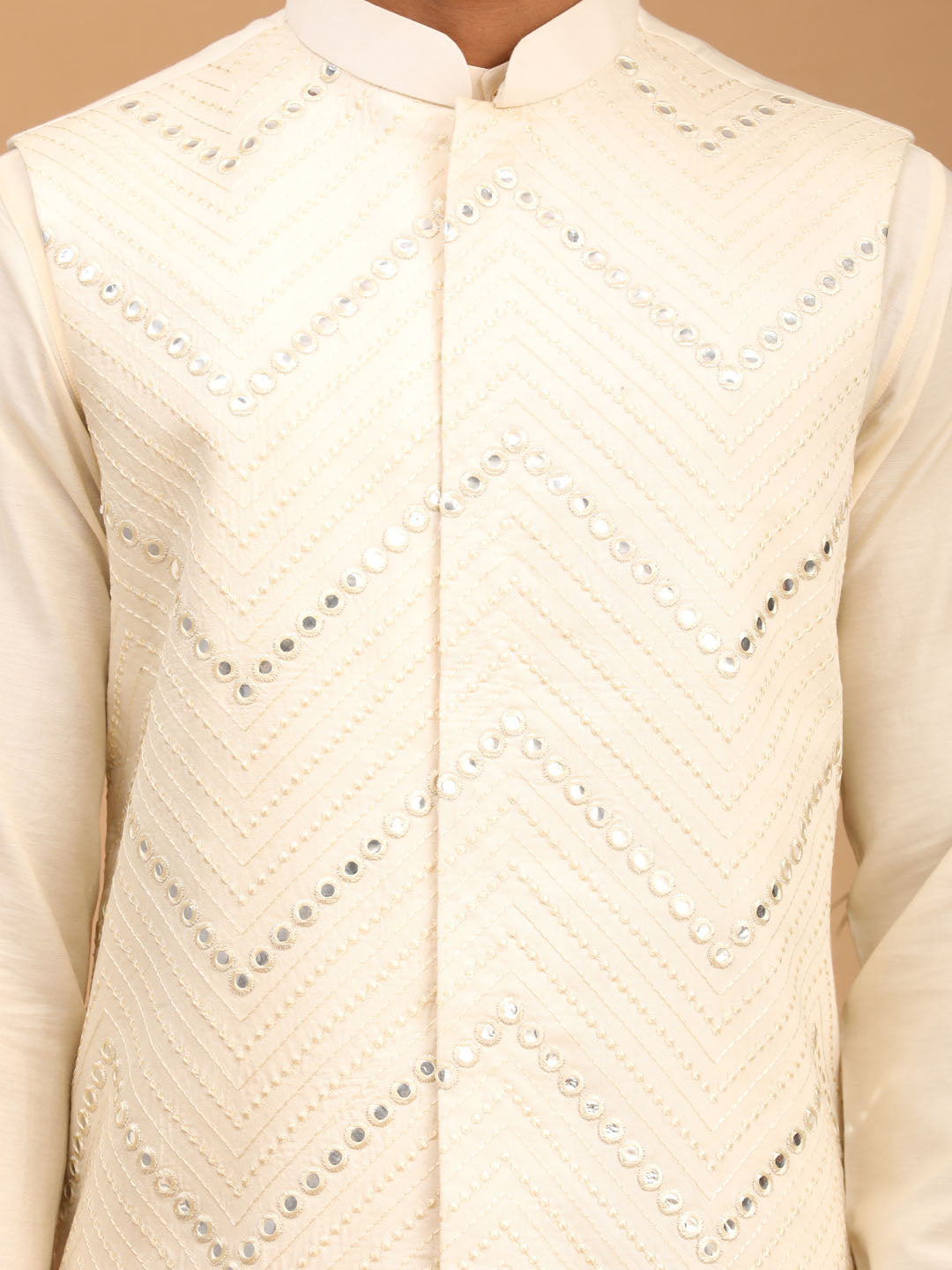 Men's Cream Viscose Straight Jacket  Kurta and Pyjama Set