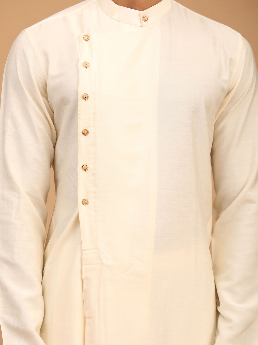 Men's Cream Viscose Straight Jacket  Kurta and Pyjama Set