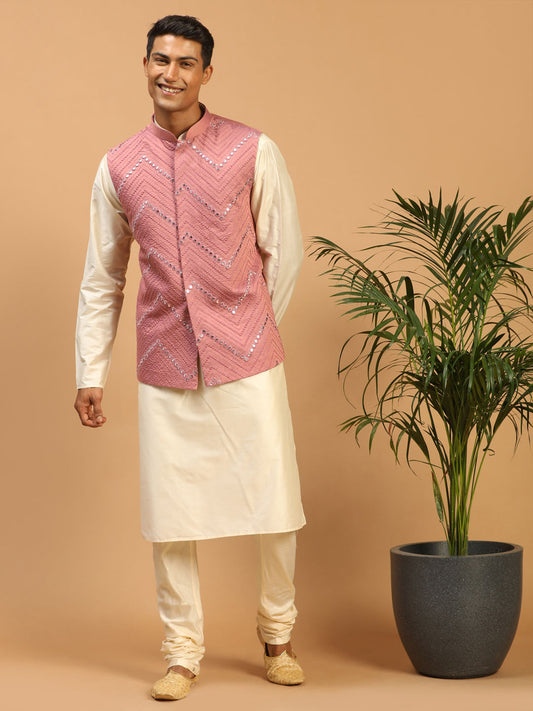 Men's Cream Viscose Straight Jacket  Kurta and Pyjama Set