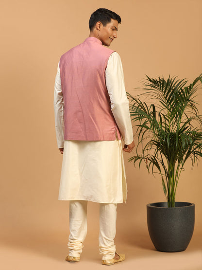 Men's Cream Viscose Straight Jacket  Kurta and Pyjama Set