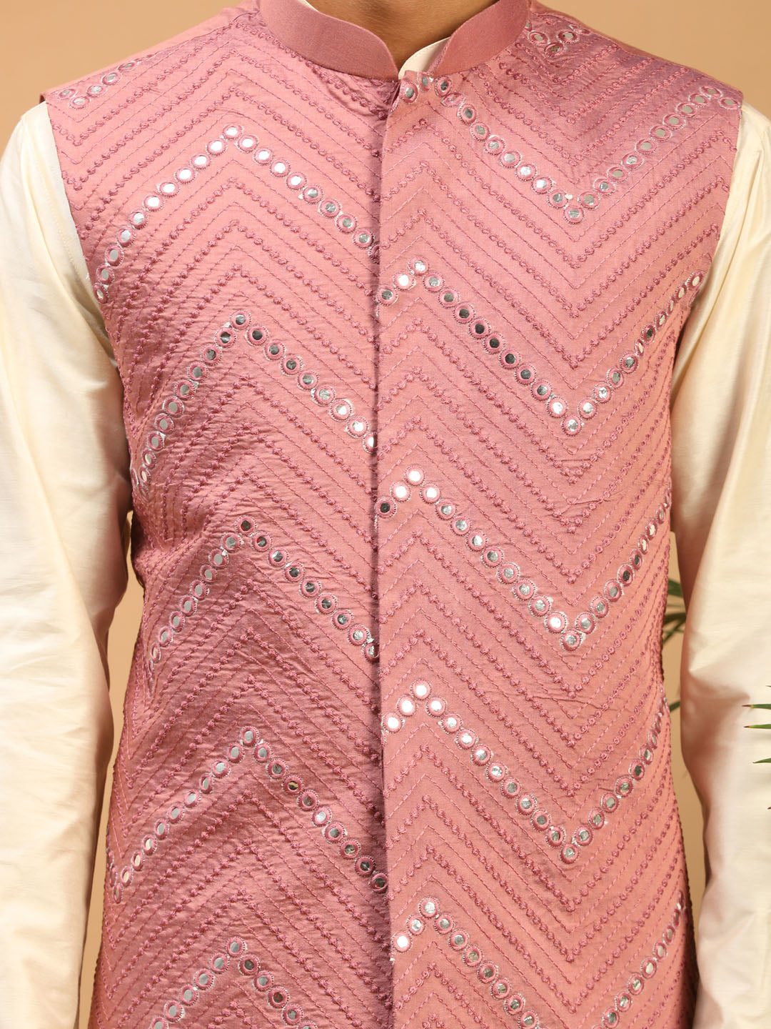 Men's Cream Viscose Straight Jacket  Kurta and Pyjama Set