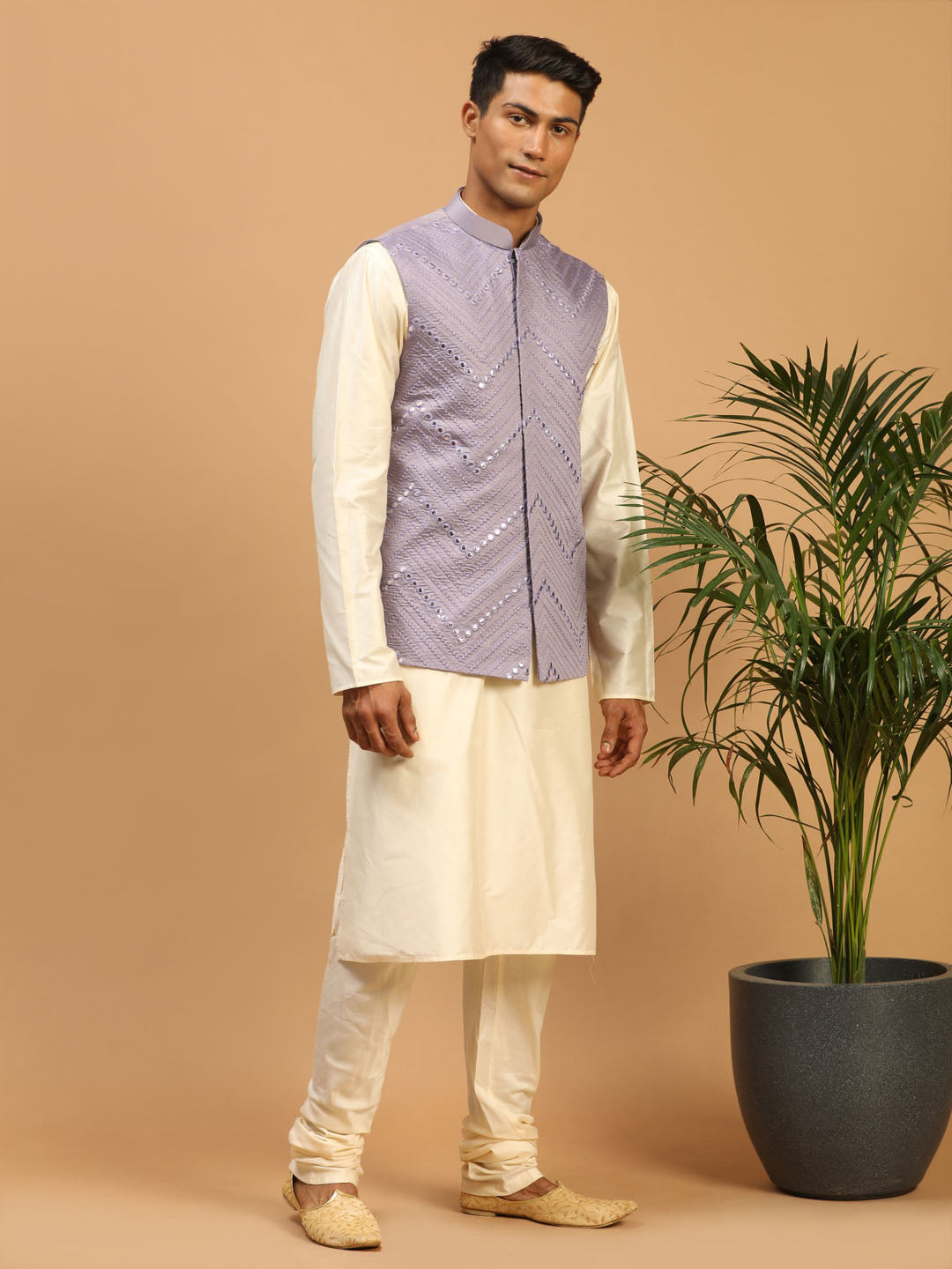 Men's Cream Viscose Straight Jacket  Kurta and Pyjama Set