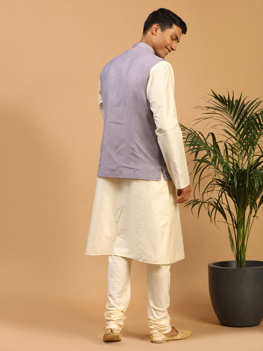 Men's Cream Viscose Straight Jacket  Kurta and Pyjama Set