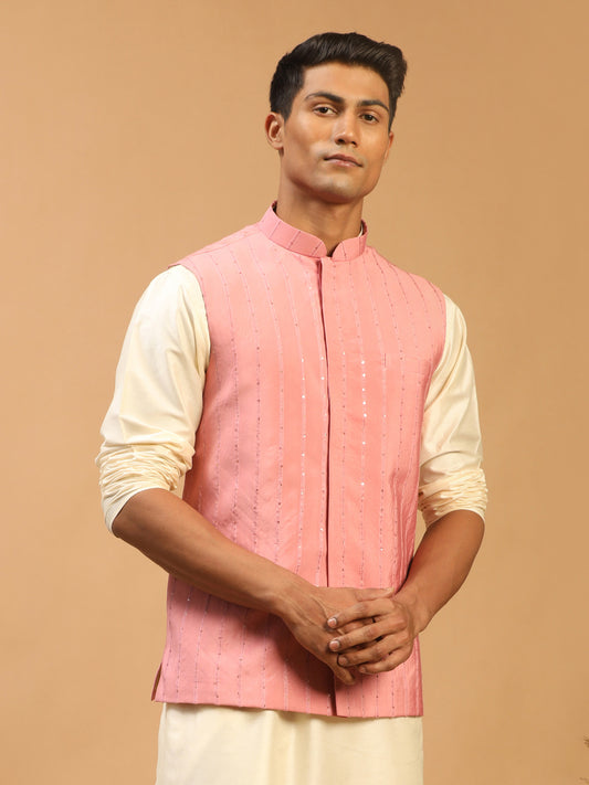 Men's Pink Cotton Blend Straight Nehru Jacket