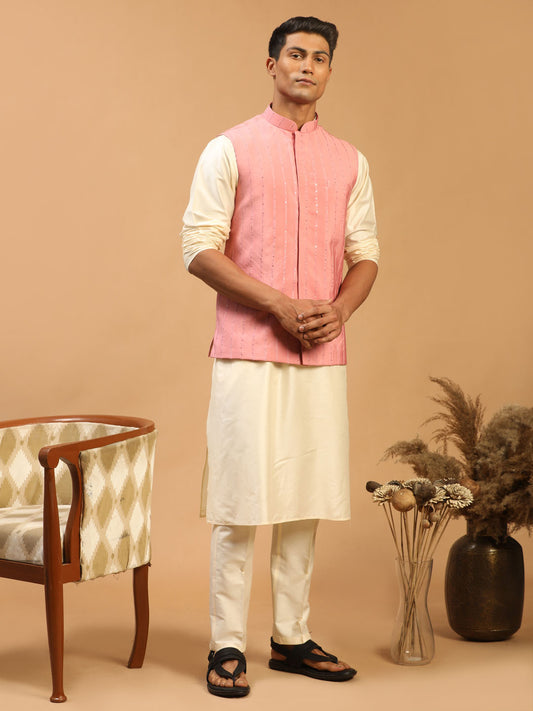 Men's Cream Viscose Straight Jacket  Kurta and Pyjama Set